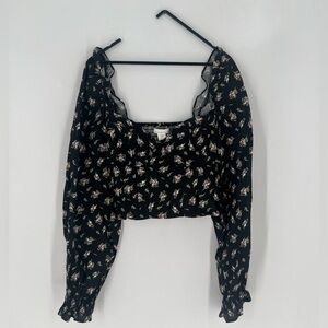 H&M Floral Bustier Cropped Linen Blend Long Sleeve Smocked Blouse